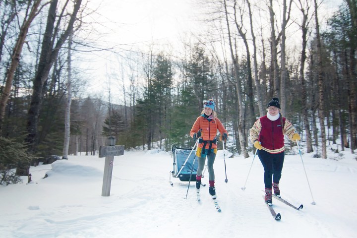 a person is cross country skiing in the snow