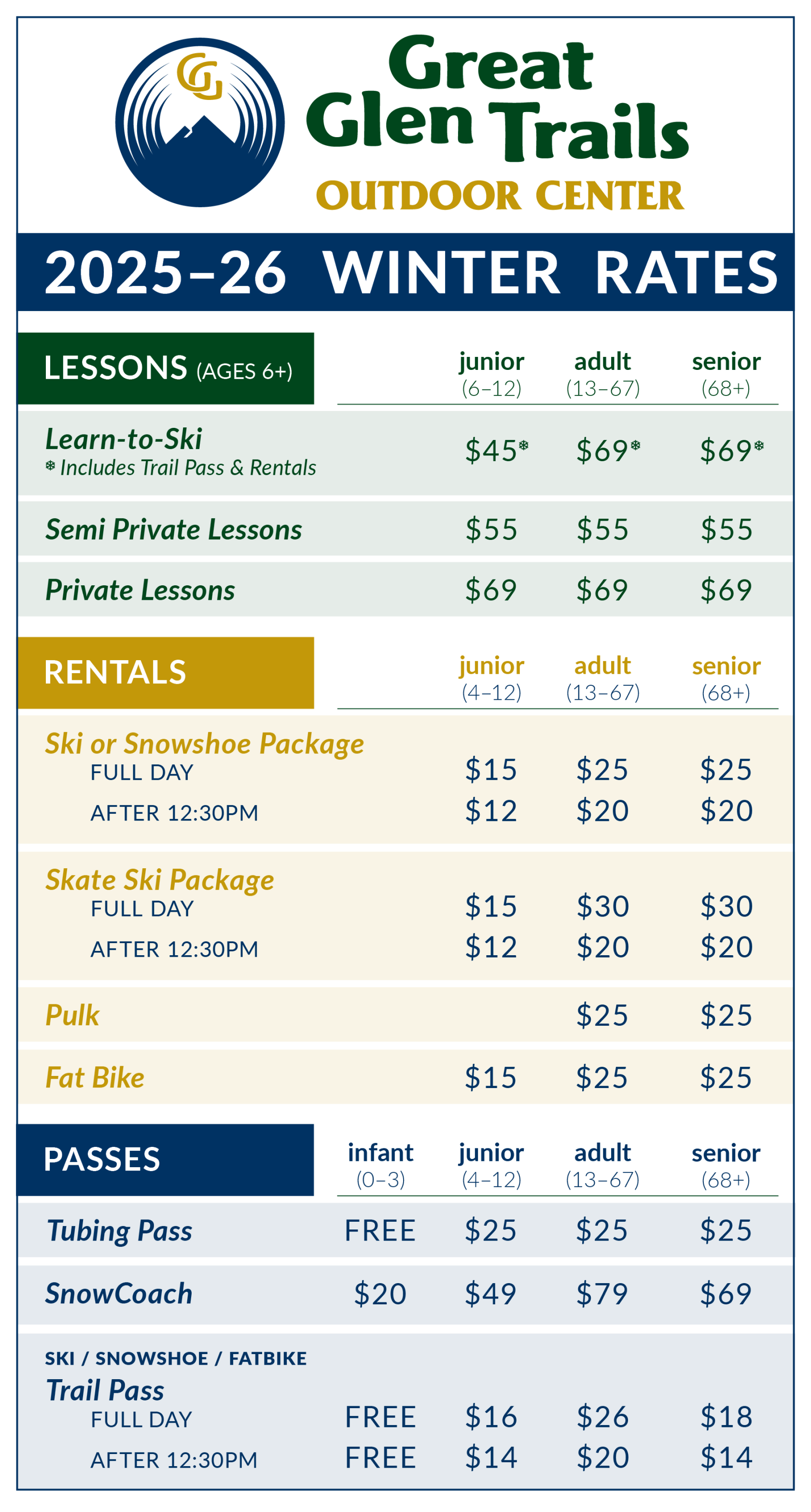 Winter rates for lessons, rentals, and passes at Great Glen Trails Outdoor Center for 2025-26.
