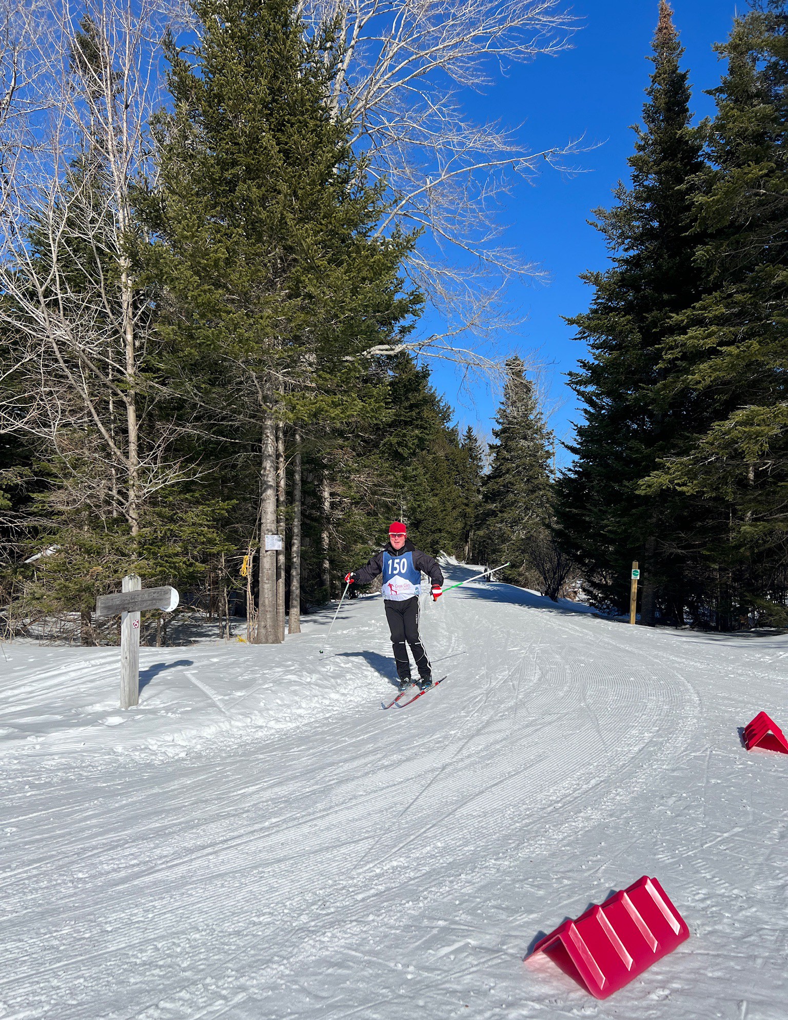 Skier wearing number 150 on a snowy trail surrounded by pine trees under a clear blue sky.