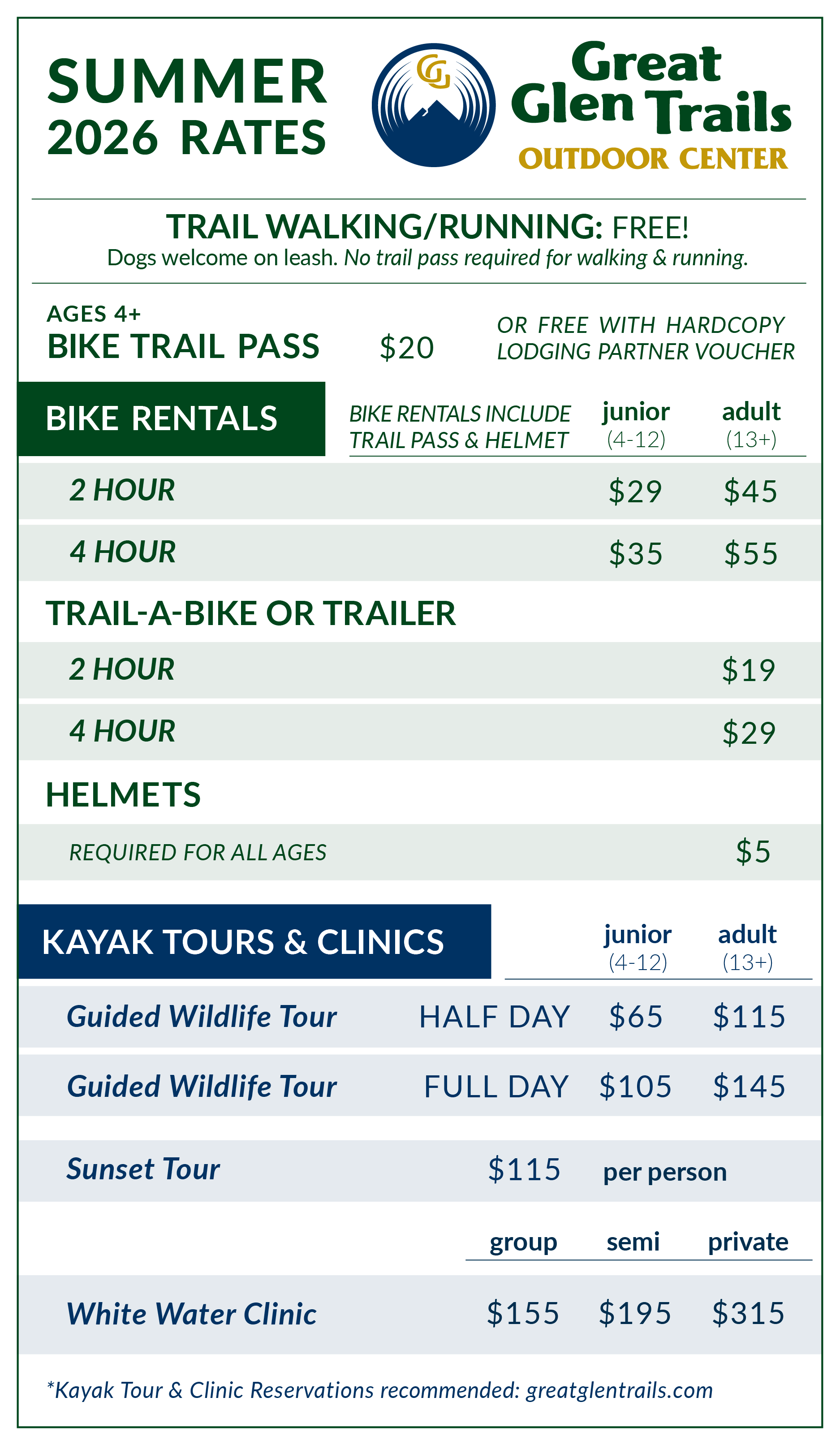 Great Glen Trails 2026 rates for bike rentals, trail passes, helmets, and kayak tours with pricing.