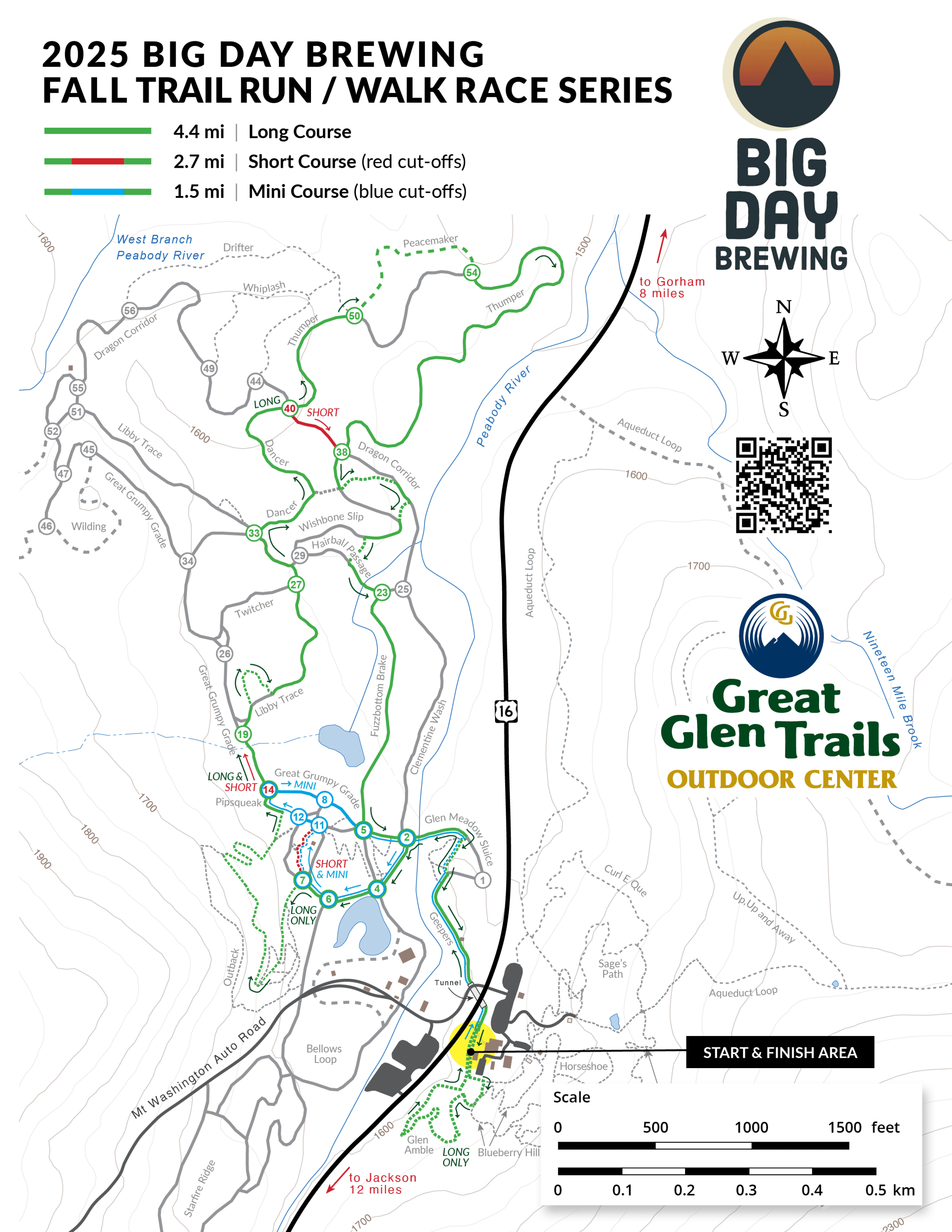 2025-GGT-FallTrailSeries-CourseMap_V1 Trail map for Big Day Brewing 2025 Fall Trail Run / Walk race series with marked routes and locations.