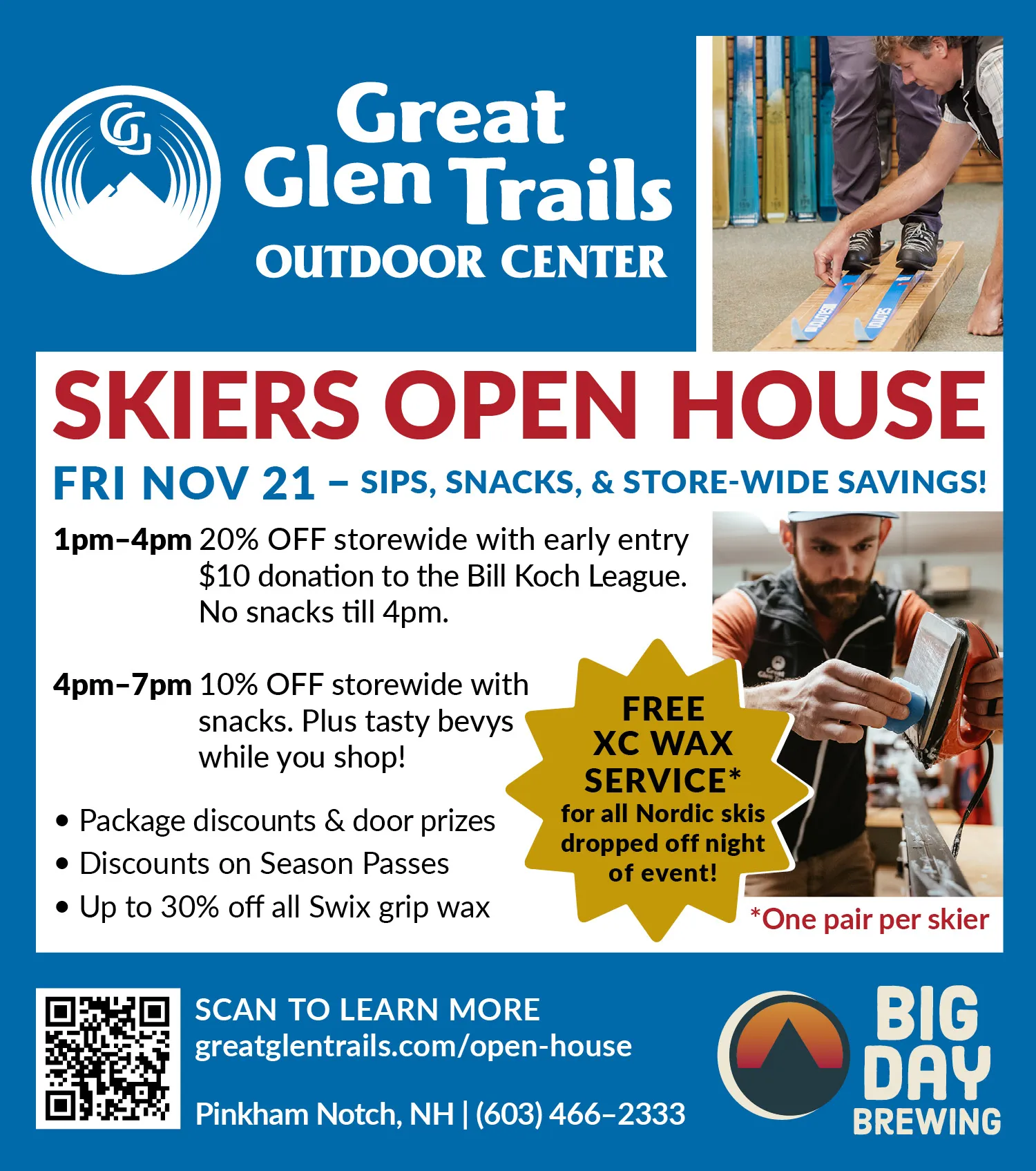 Flyer for Great Glen Trails Skiers Open House on Nov 21 with discounts, free wax service, and contact info.