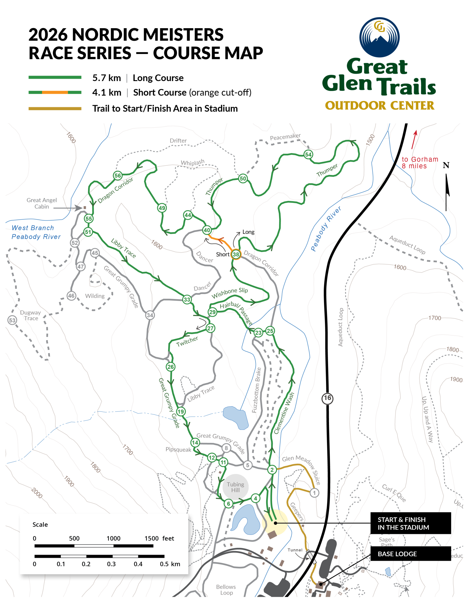 Map of 2026 Nordic Meisters race series with long and short courses, trails, and start/finish areas labeled.