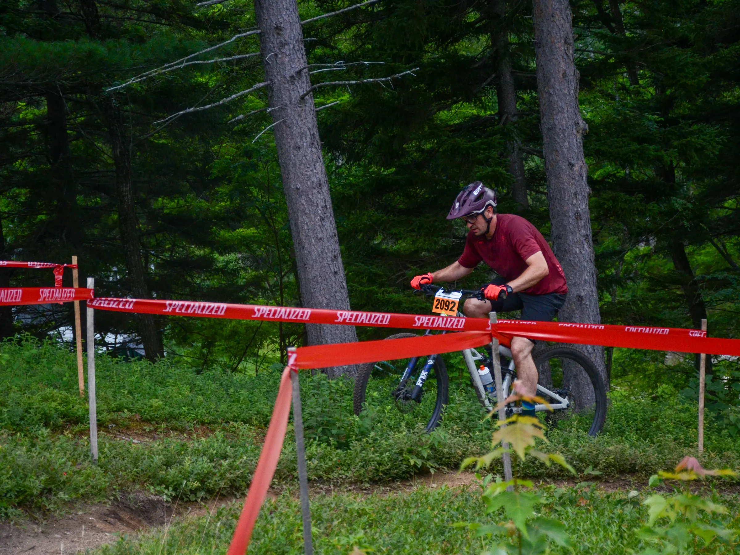 Cyclist riding through forested trail marked with red tape.