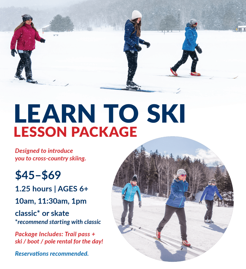 Learn to ski lesson package flyer with image of people cross-country skiing.