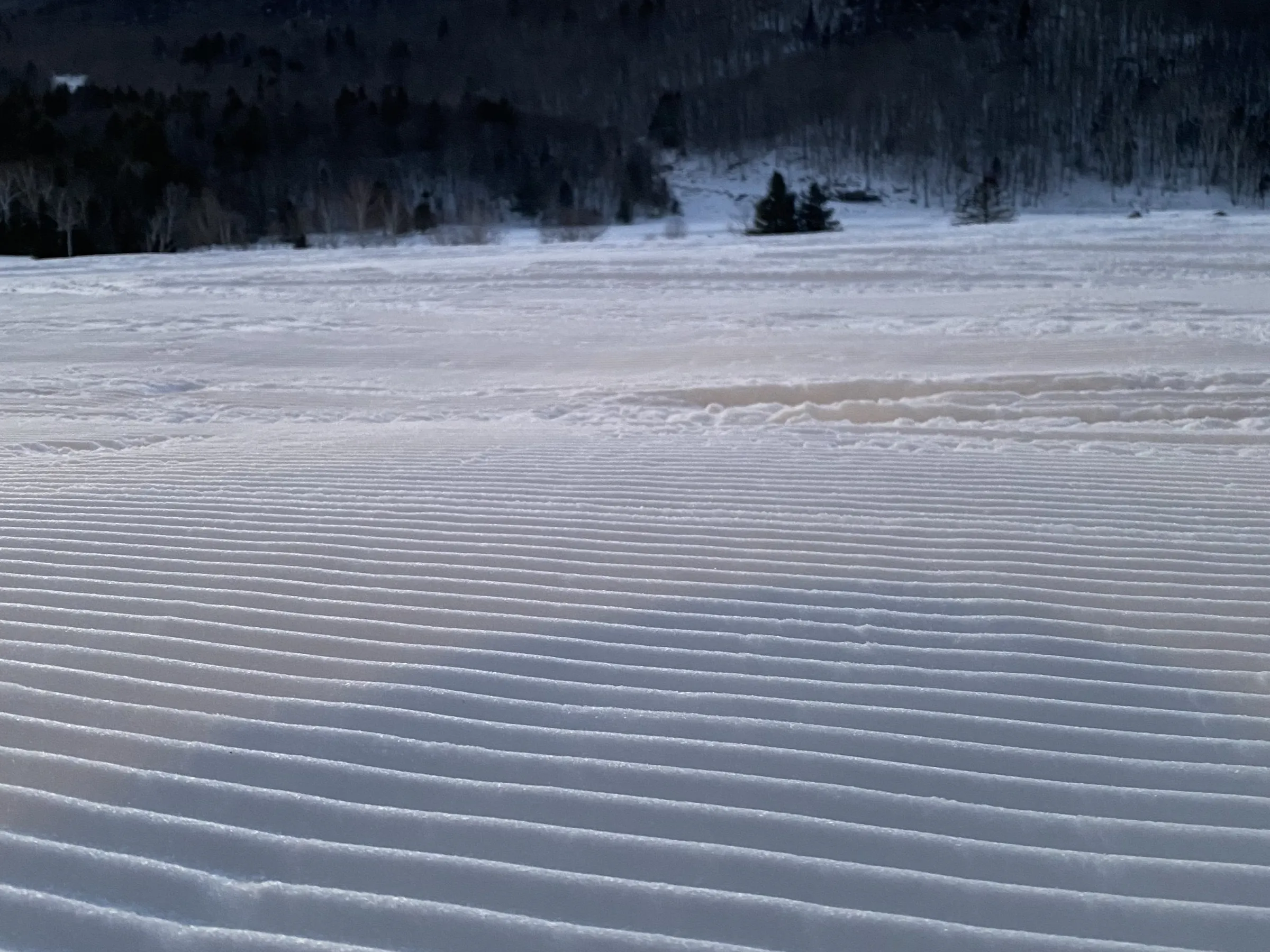 Snowy landscape with grooved snow in foreground and mountains in background at twilight.