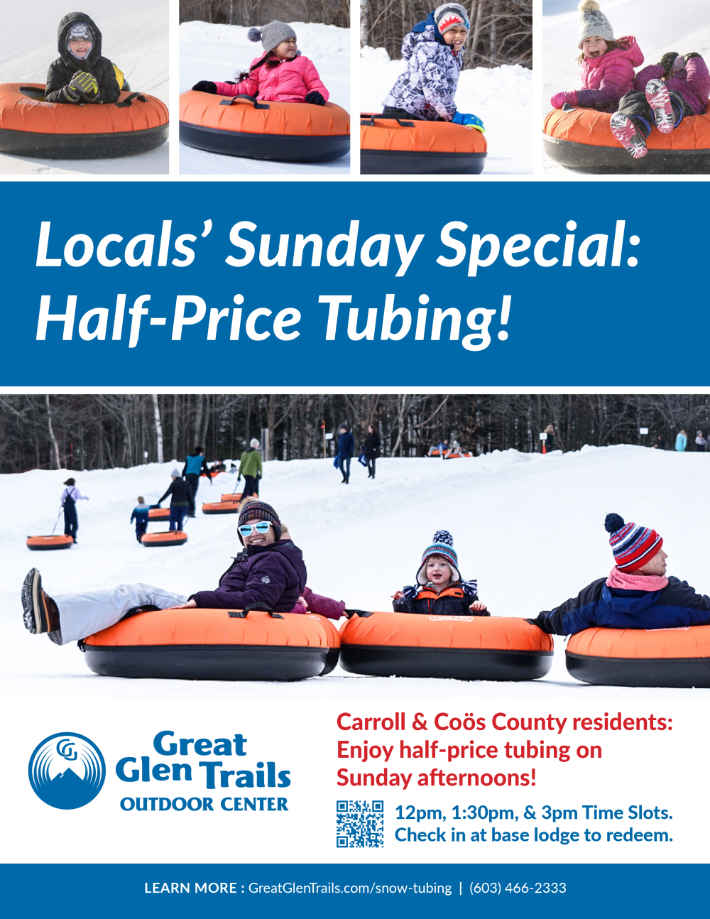 Tubing promotion with images of people tubing, text: 'Locals’ Sunday Special: Half-Price Tubing!'