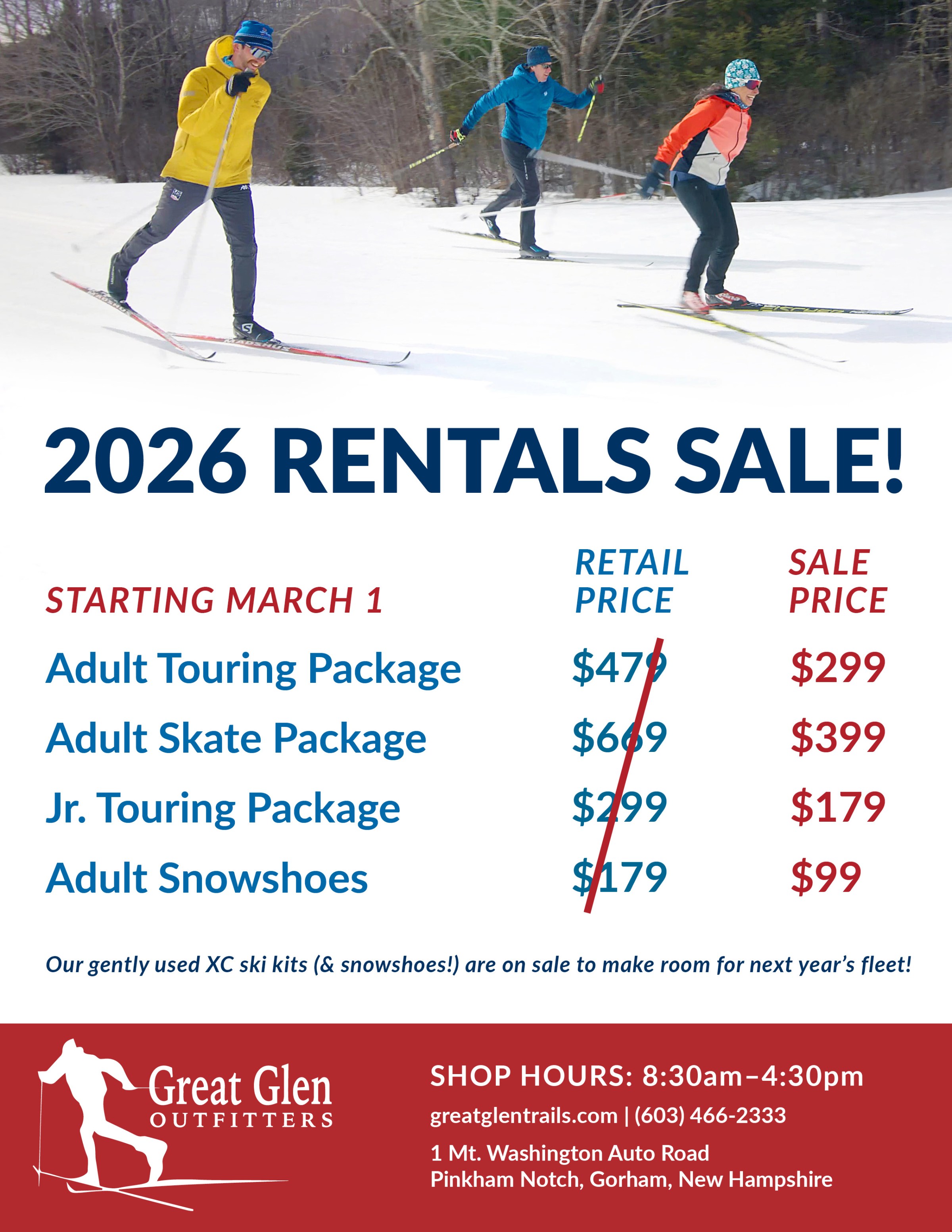 Skiers in action, 2026 Rentals Sale ad for Great Glen Outfitters with discounted prices and shop details.