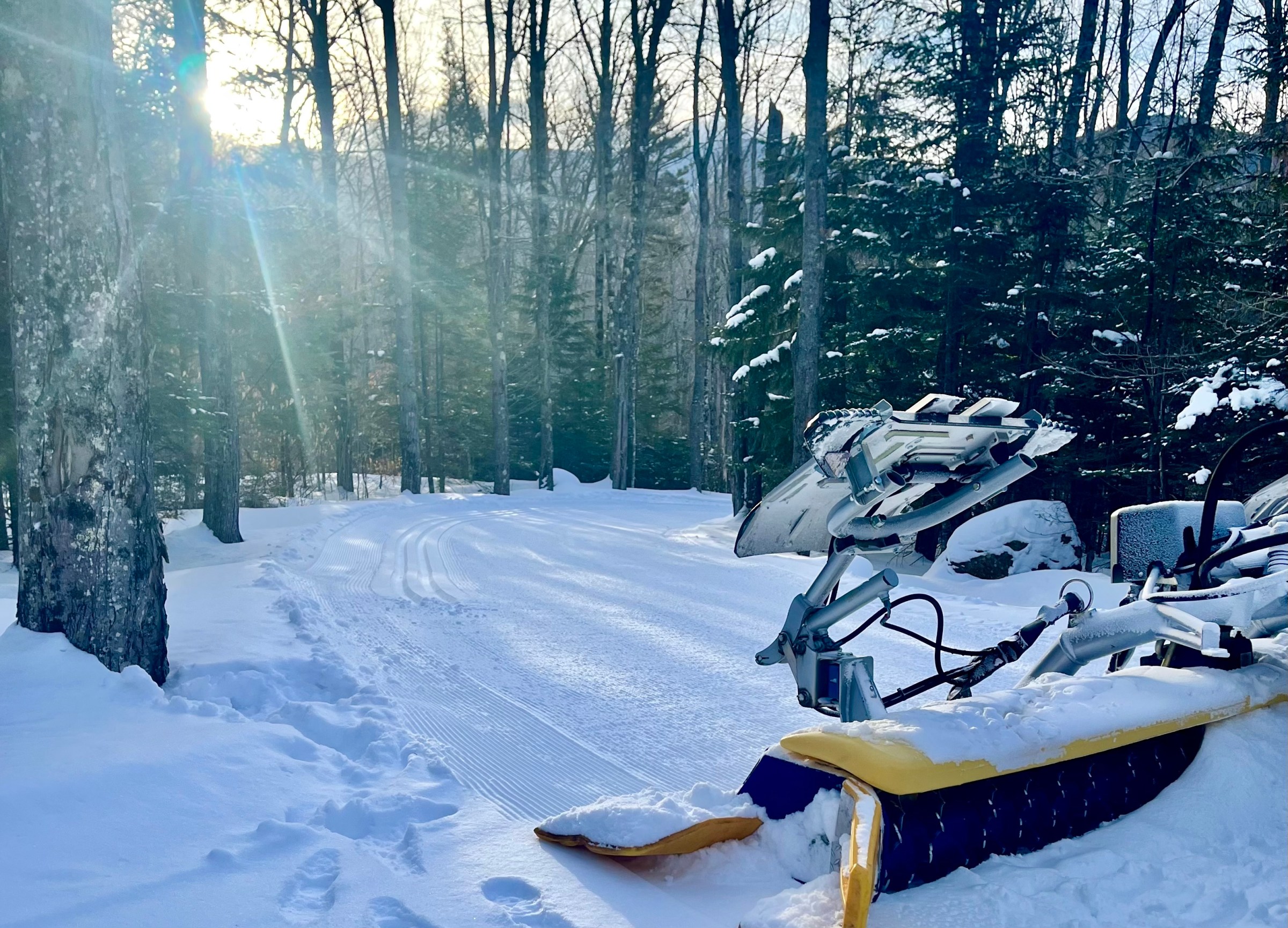 Snow-covered forest path with a snow grooming machine, sun shining through trees.
