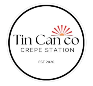 Logo with 'Tin Can co Crepe Station' and sun graphic, 'EST 2020' below.
