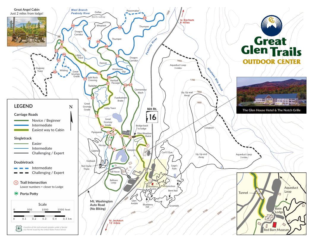 Trail map with routes marked in different colors for various skill levels at Great Glen Trails Outdoor Center.