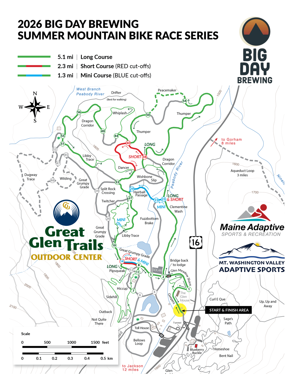 Map of 2026 Summer Mountain Bike Race Series with trails marked by distance and color.