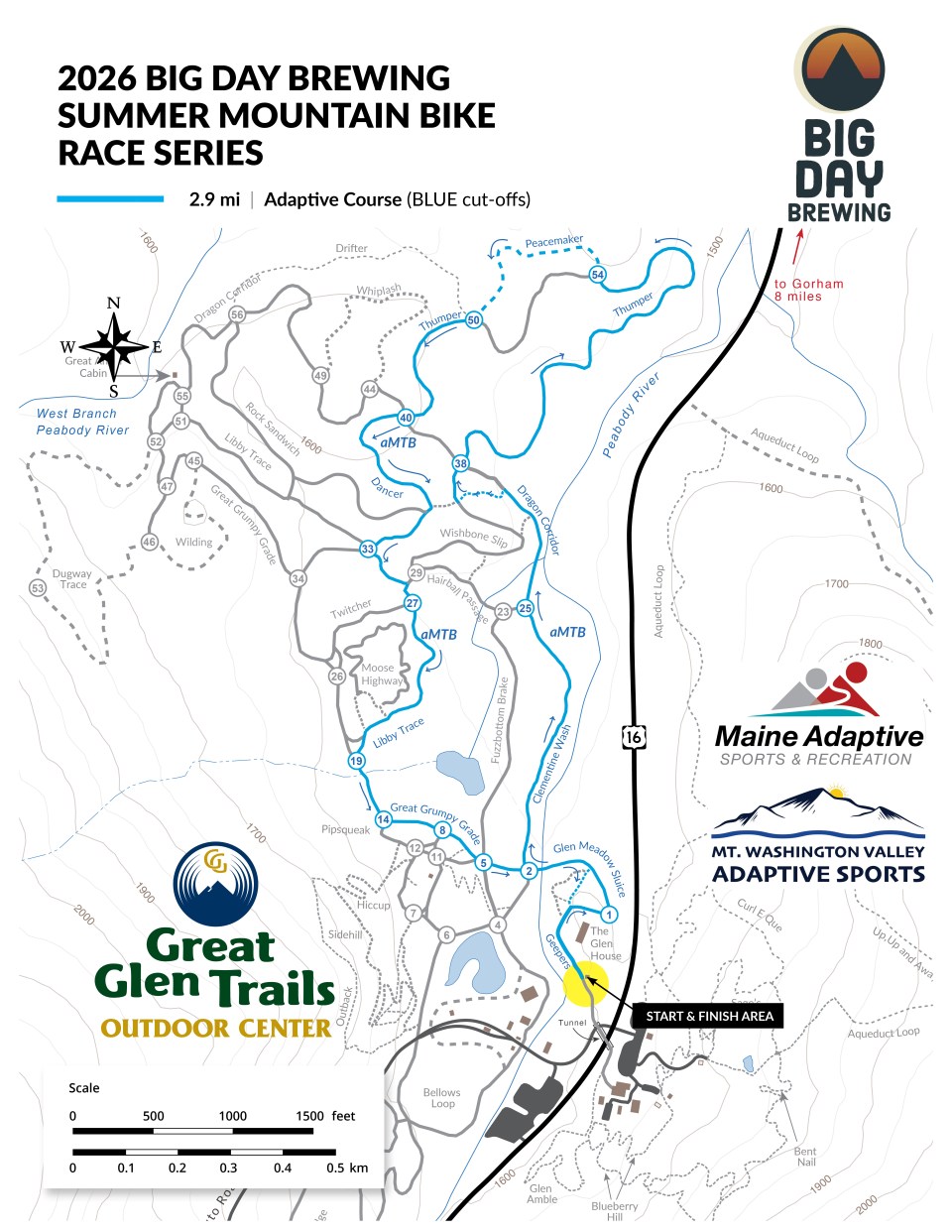 Mountain bike race map with trail, start/finish, logos, and compass rose.