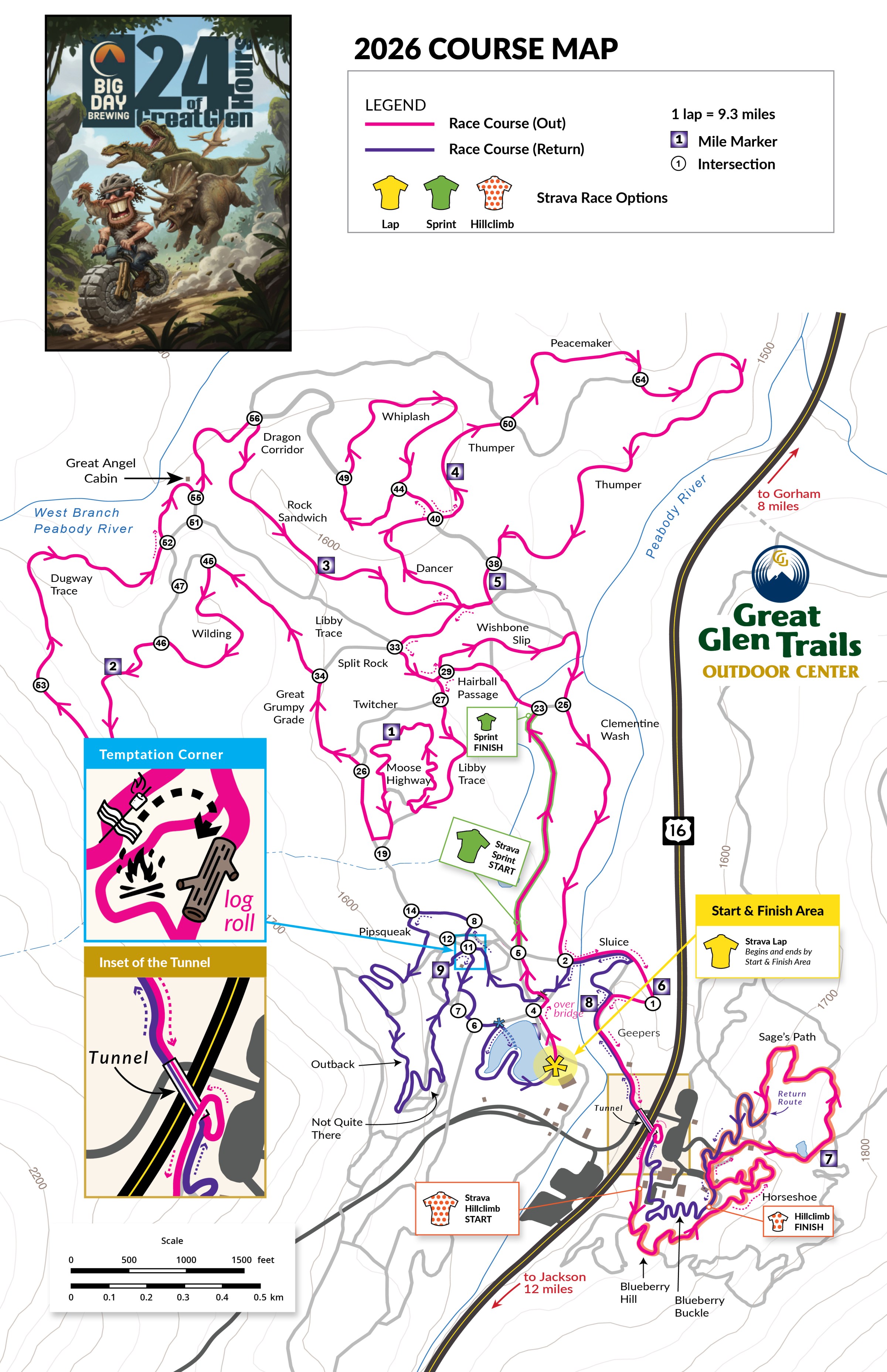 Detailed map of 2026 bike race course with trails, markers, and start/finish area.