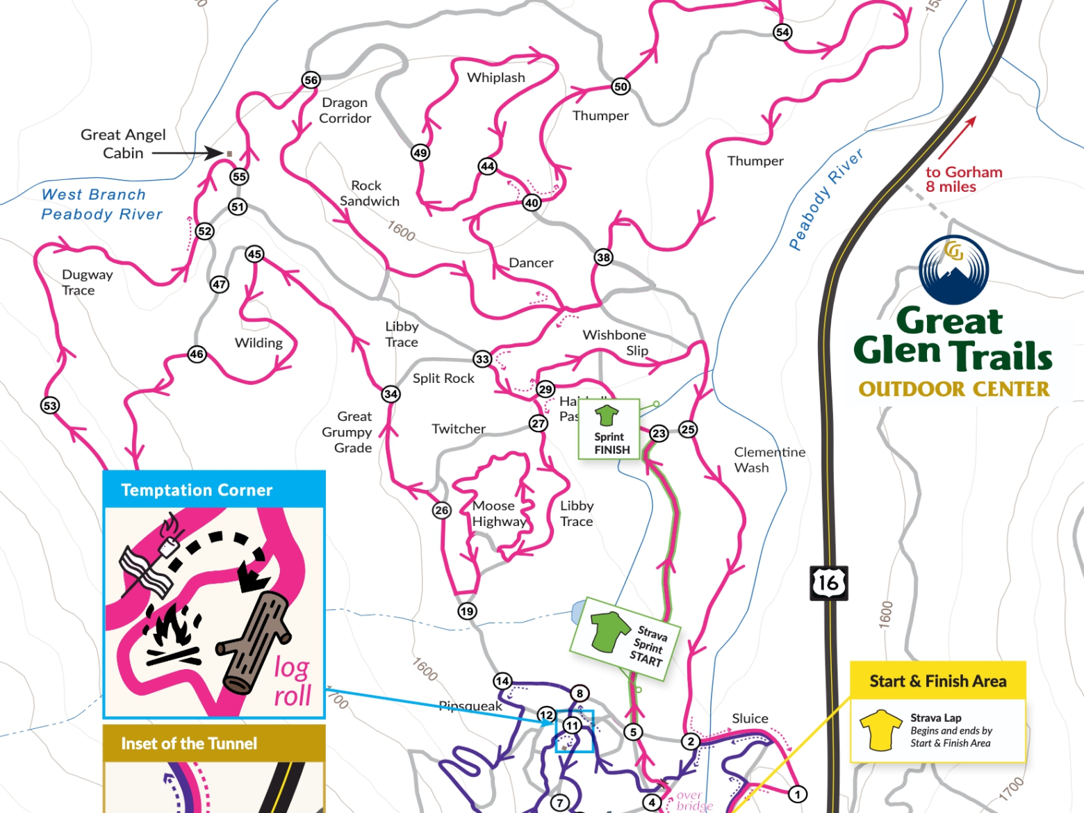 Illustrated course map for a 2026 race at Great Glen Trails Outdoor Center, featuring terrain and legend.