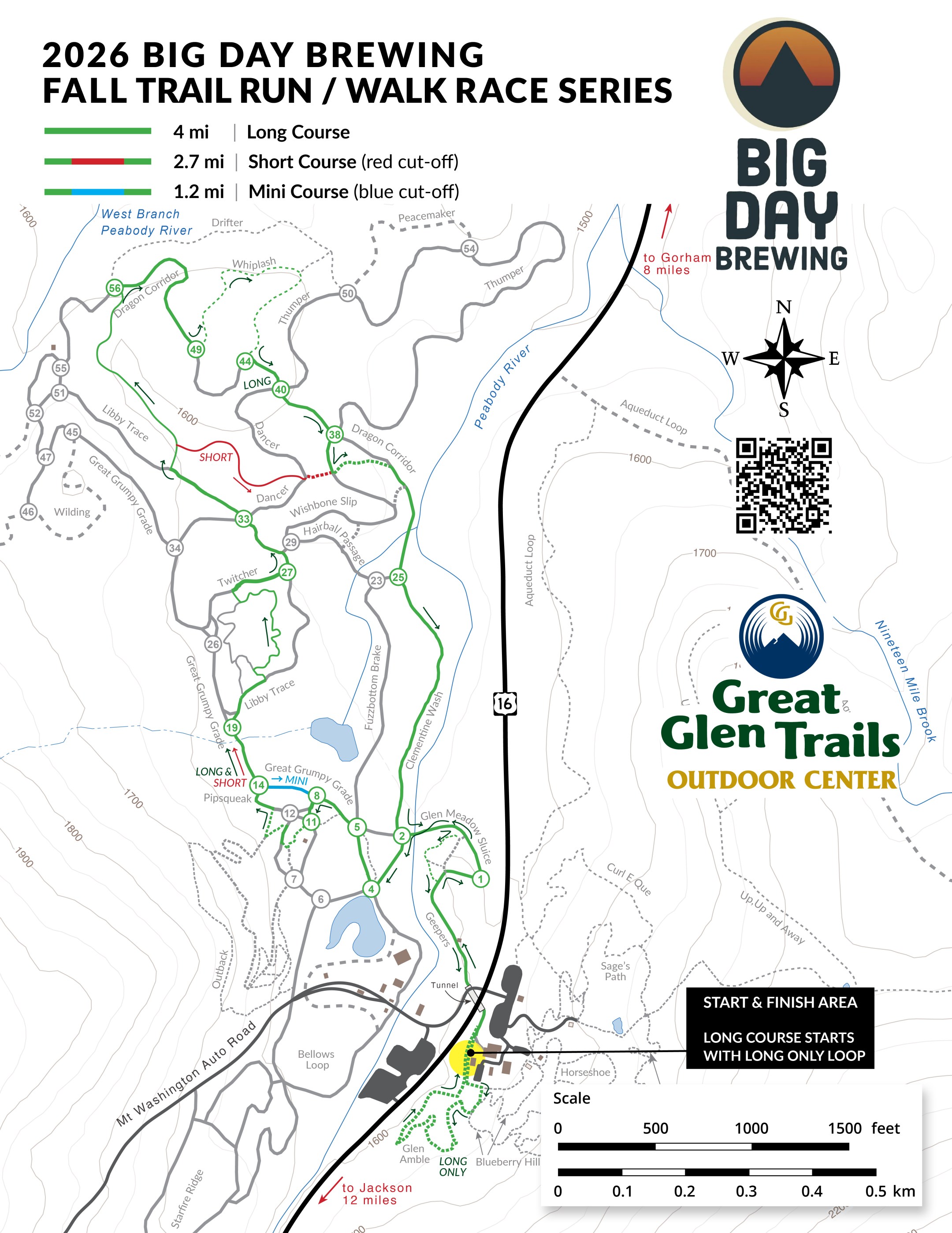 Map of trail run courses at an outdoor center with logos and a QR code.