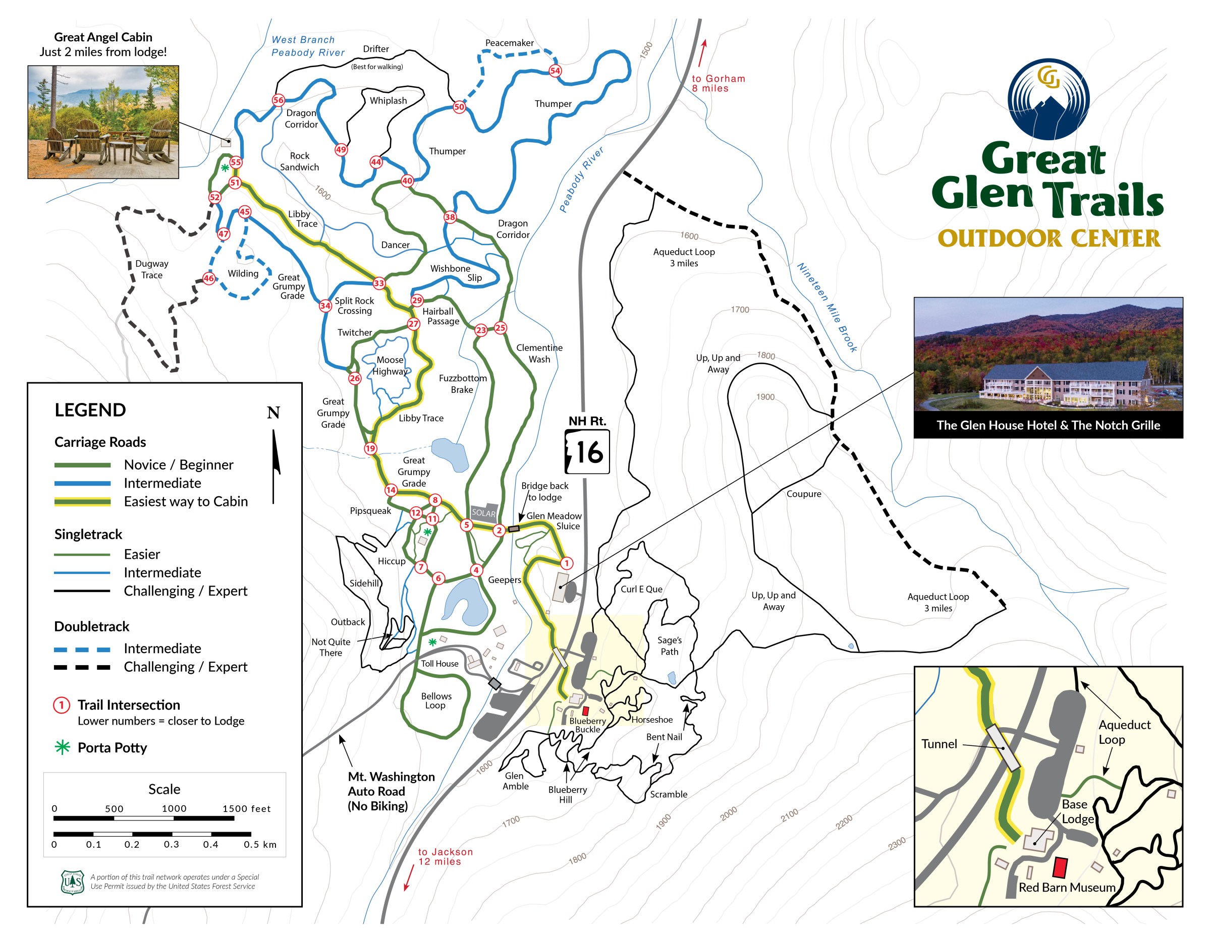 Trail map of Great Glen Trails Outdoor Center with color-coded paths and legend.