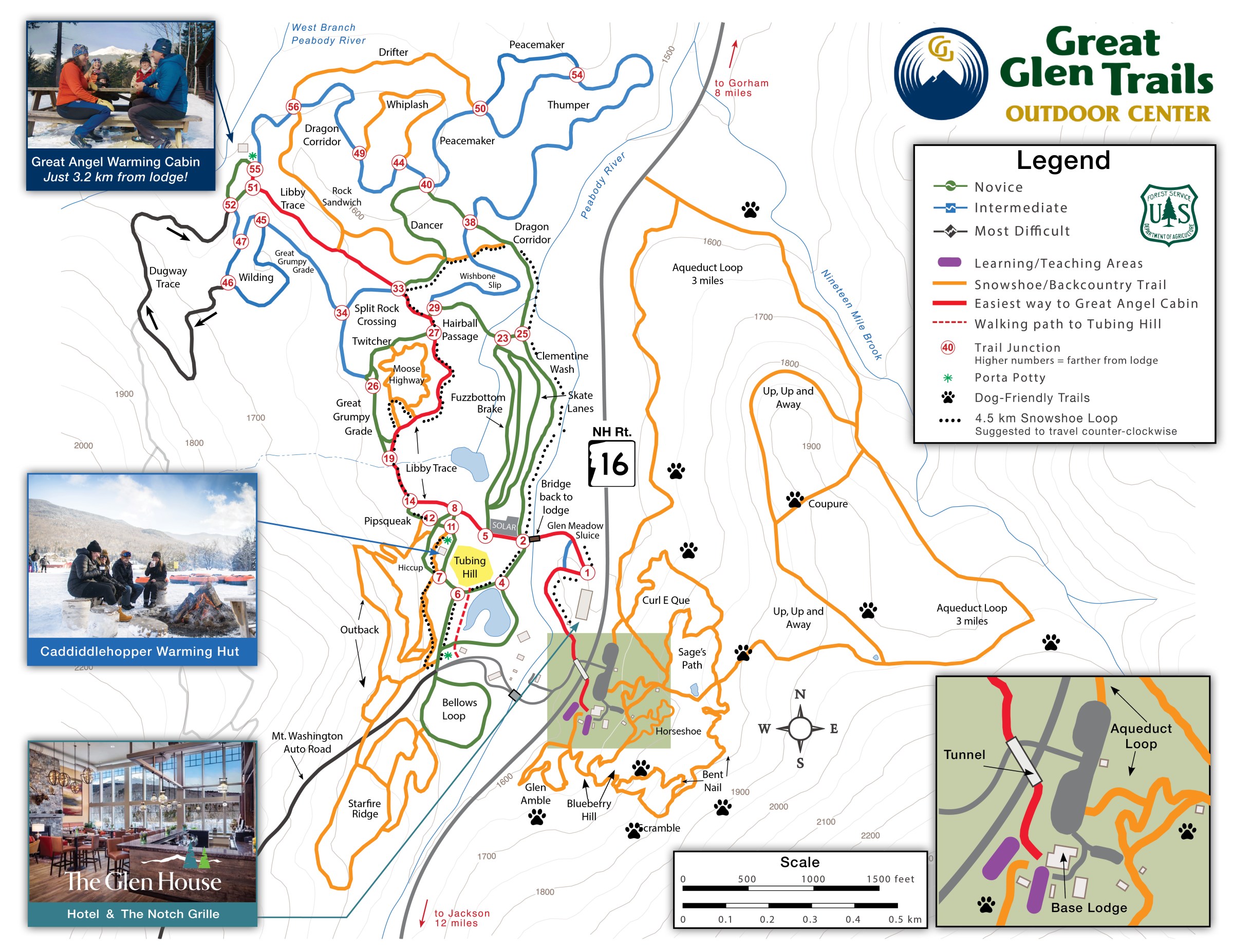 Trail map of Great Glen Trails with color-coded routes and facility icons.